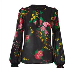 CAbi Black Floral Blouse with Pink and Green Accents